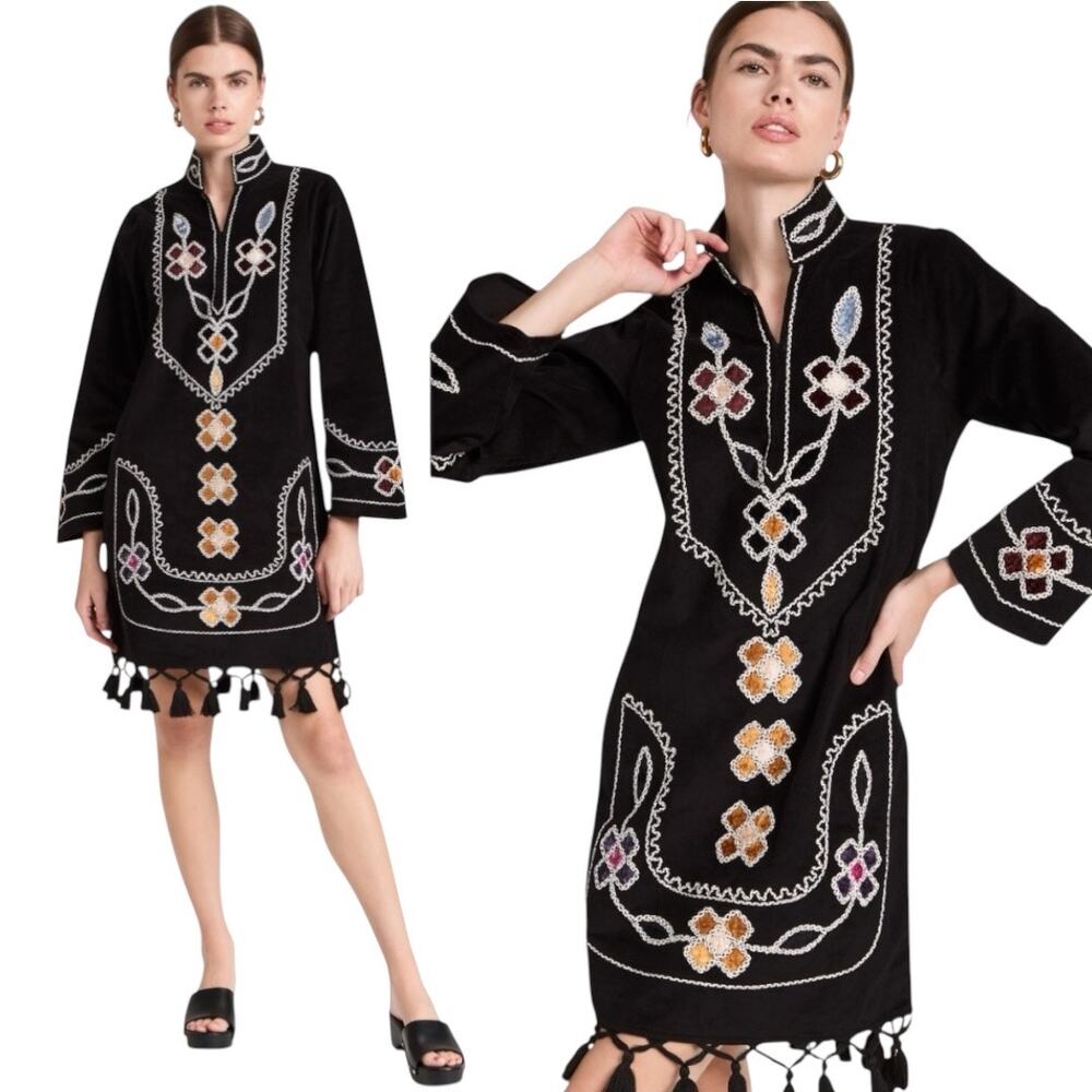 Figue Catalina Dress Black Extensive Embroidered Corduroy Dress Size  L